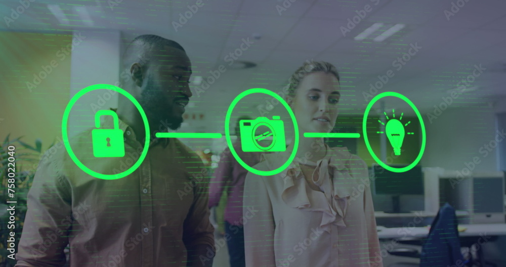 Poster image of flowchart of icons over diverse coworkers discussing while walking in office