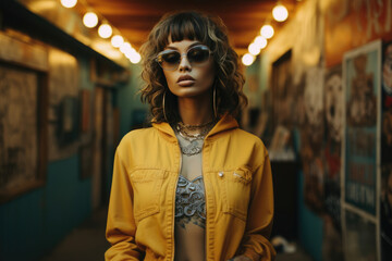 Trendy woman in yellow jacket and sunglasses, gallery backdrop, urban chic style, and moody lighting.