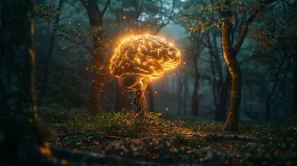 luminescent cerebral form illuminates ancient trees with its radiant neural connections - obrazy, fototapety, plakaty