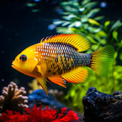 Vibrant Colors of a Cichlid Fish Immersed in the Scenic Beauty of a Freshwater Aquarium
