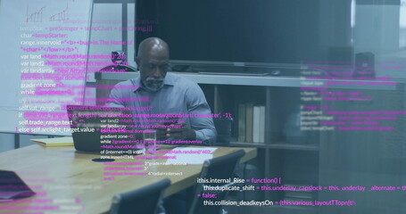 Image of data processing over senior african american man using smartphone and laptop in office