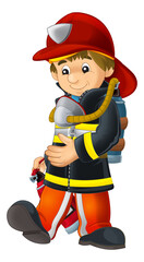 cartoon happy and funny fireman with extinguisher putting out the fire isolated illustration for children - 758022091