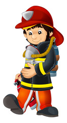 cartoon happy and funny fireman with extinguisher putting out the fire isolated illustration for children