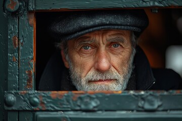 A deeply focused portrait of a man with a cap looking pensively through an old train window