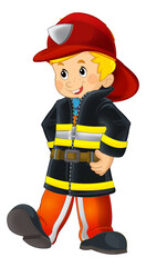 cartoon happy and funny fireman with extinguisher putting out the fire isolated illustration for children - 758022290