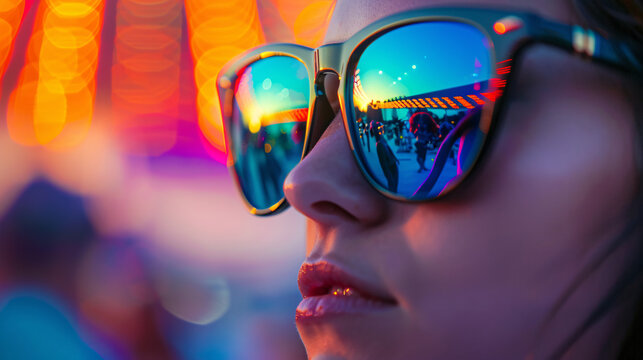 a pair of sunglasses on a party girl reflecting the vibrant colors of a summer festival