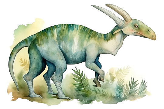 animal products nosaur Herbivorous Parasaurolophus Green watercolor illustration children textile ancient room