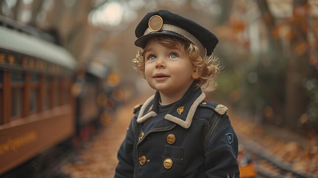 Child dressed in a miniature uniform of conductor stands on a vintage-style train platform. The image captures the child's imagination and sense of adventure as they pretend to conduct a train journey
