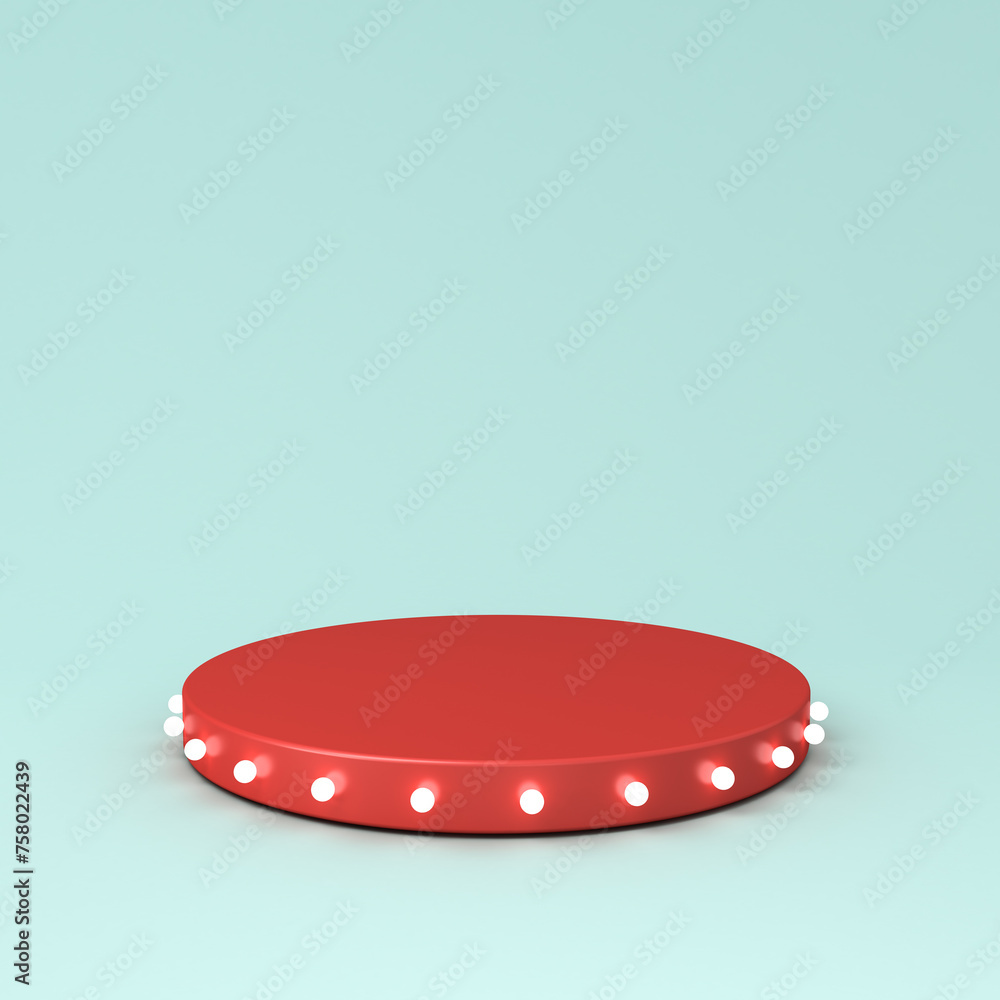 Leinwandbilder modern minimal red product podium stand with retro neon light bulbs isolated on light green blue pas