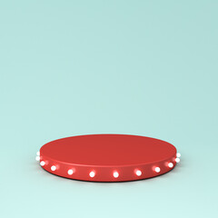 Modern minimal red product podium stand with retro neon light bulbs isolated on light green blue pastel color background with shadow 3D rendering