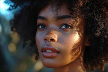 A young woman with dark curly hair and a beguiling gaze captured in a close-up portrait