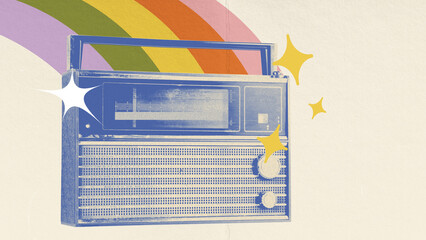 Colorful illustration of retro radio. Party invitation for summer event. Concept of music,...