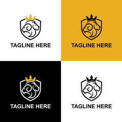 lion head and goat head logo design with crown. black, yellow and white