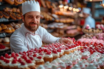 A cheerful chef in uniform arranges pastry desserts in a bakery filled with sweet treats - obrazy, fototapety, plakaty