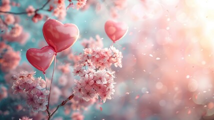 Soft pink hearts rise like balloons against a springtime sky, with blossoms swirling in the gentle breeze