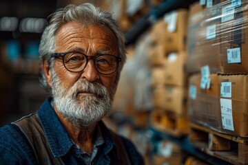 A senior man with a beard and glasses poses in a warehouse aisle
