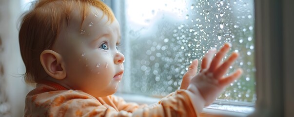 A baby is looking out a window at raindrops. The baby is wearing an orange shirt