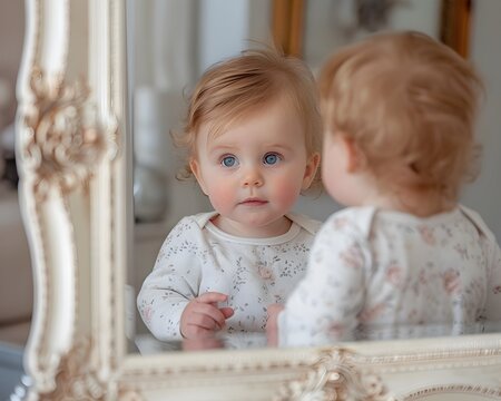 A baby is looking at its reflection in a mirror. The baby is wearing a white shirt and he is curious about its own image