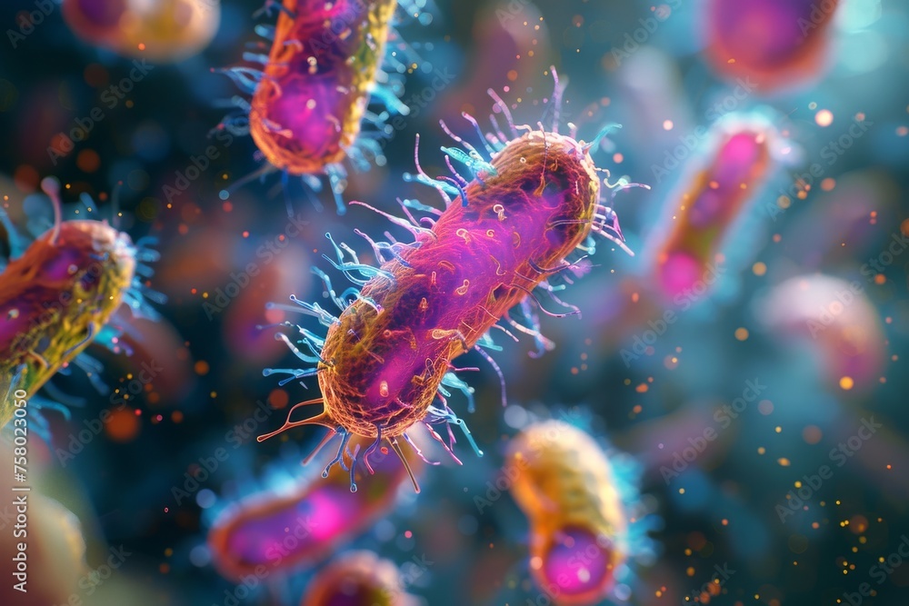 Poster 3d visualization of bacteria with focus on the colorful and dynamic movements of micro-life