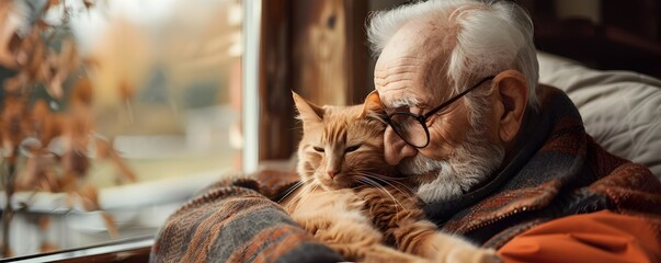 An older man is sitting on a bed with a cat on his lap. The cat is orange and the man is wearing glasses - obrazy, fototapety, plakaty