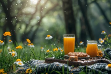 Refreshing glass of orange juice and cookies on a picnic blanket amidst yellow flowers in a lush meadow - obrazy, fototapety, plakaty