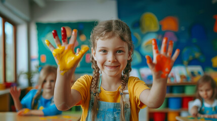 joyful children in kindergarten show palms in paint, hands, little kids, green background, bright colors, space for text, drawing, art, color, red, blue, schoolchildren, playground, Montessori - obrazy, fototapety, plakaty
