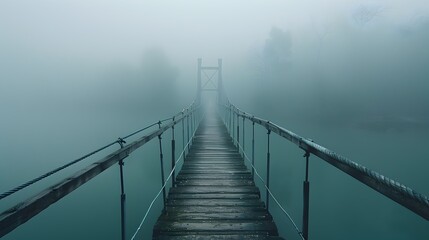 Obraz premium A bridge over a body of water with fog in the background. The bridge is wooden and he is old. There are birds flying in the sky above the bridge