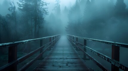 A bridge over a body of water with fog in the background. The bridge is wooden and he is old. There are birds flying in the sky above the bridge