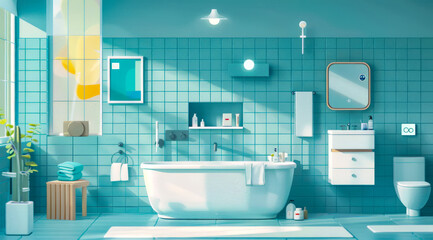 Fototapeta na wymiar A tidy and modern bathroom with blue tiles featuring a bathtub and various amenities,ai generated