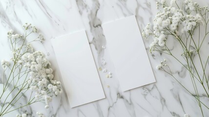 a mockup featuring two blank white invitation cards placed side by side on a light marble surface, with white flowers, captured from a top view, generous space for text or design elements.