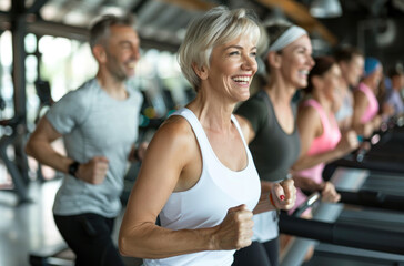 Fototapeta na wymiar A group of middle-aged people running on treadmills in the gym, smiling and happy, wearing yoga pants and white tank top shirts
