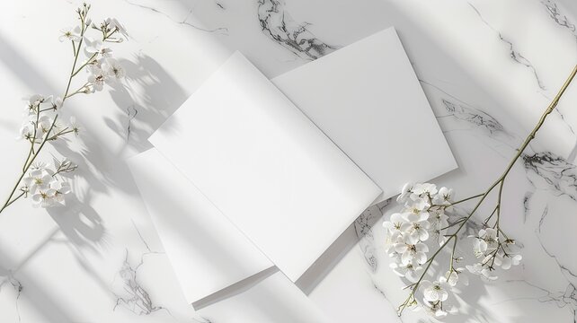 a mockup featuring two blank white invitation cards placed side by side on a light marble surface, with white flowers, captured from a top view, generous space for text or design elements.