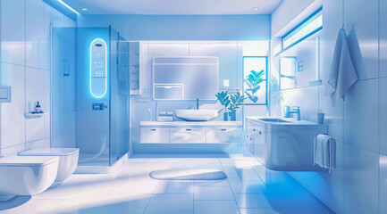 Bathroom with cool tone lighting, modern smart fixtures, and a serene ambience,ai generated