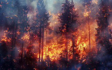 Raging forest inferno: trees ablaze in the wild - obrazy, fototapety, plakaty