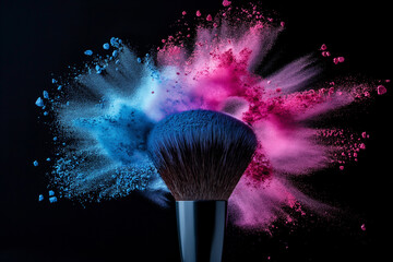 Makeup brush with colourful powder explosion isolated on a black background. Make-up concept