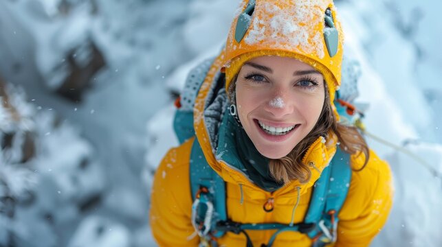 Cheerful female climber in a lime green harness adjusting her gear in snow