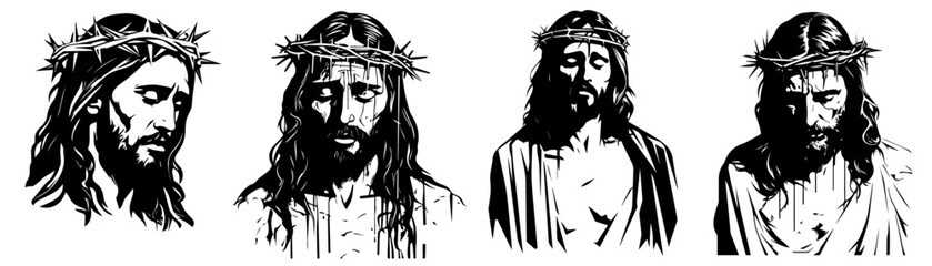 Jesus condemned to crucifixion with crown of thorns, black vector graphic