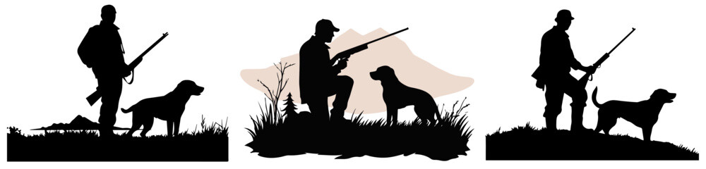 hunter with dog on a hunt, black vector graphic laser cutting engraving