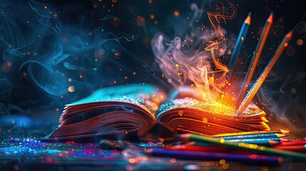 Magic book and colored pencils with colorful and mysterious plasma, cover photo