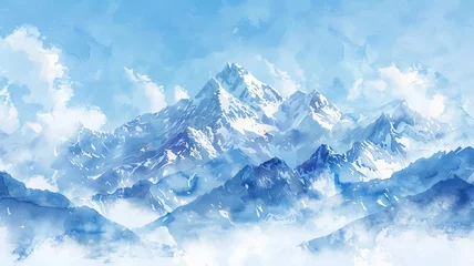 Zelfklevend Fotobehang Watercolor landscape of a snow-capped mountain range under a clear blue sky © Putra
