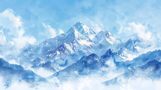 Watercolor landscape of a snow-capped mountain range under a clear blue sky