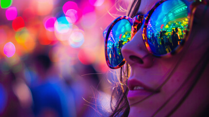 a pair of sunglasses on a party girl reflecting the vibrant colors of a summer festival - obrazy, fototapety, plakaty