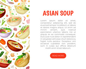 Asian Soup Food Banner Design with Tasty Noodle Dish in Bowl with Chopstick Vector Template