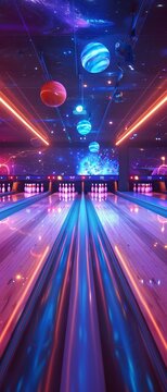 Vintage neon bowling alley cosmic lanes