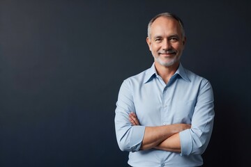 Obraz premium Middle-aged man wearing a blue office shirt confidently standing with arms crossed on a dark blue background with copy space.