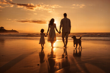 Obraz premium A family of three and their golden retriever enjoy a walk on the beach at sunset. Unity, Leisure, Love