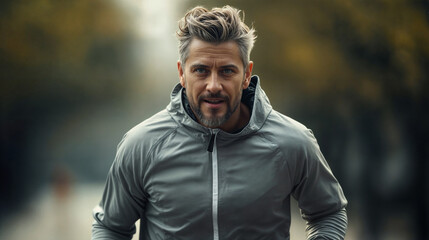 A Fit Middle-Aged Caucasian Man with Grey Hair Runs Outdoors, Showcasing Determination and a Commitment to Health and Fitness