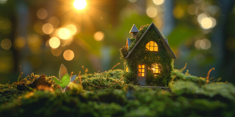 Miniature toy house on green moss and sunlight background