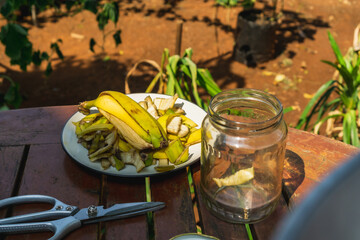 chopped banana peel on a white plate with a scissor and a hand holding a banana peel, process of...