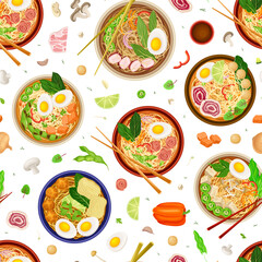 Asian Soup Seamless Pattern Design with Tasty Noodle Dish in Bowl with Chopstick Vector Template